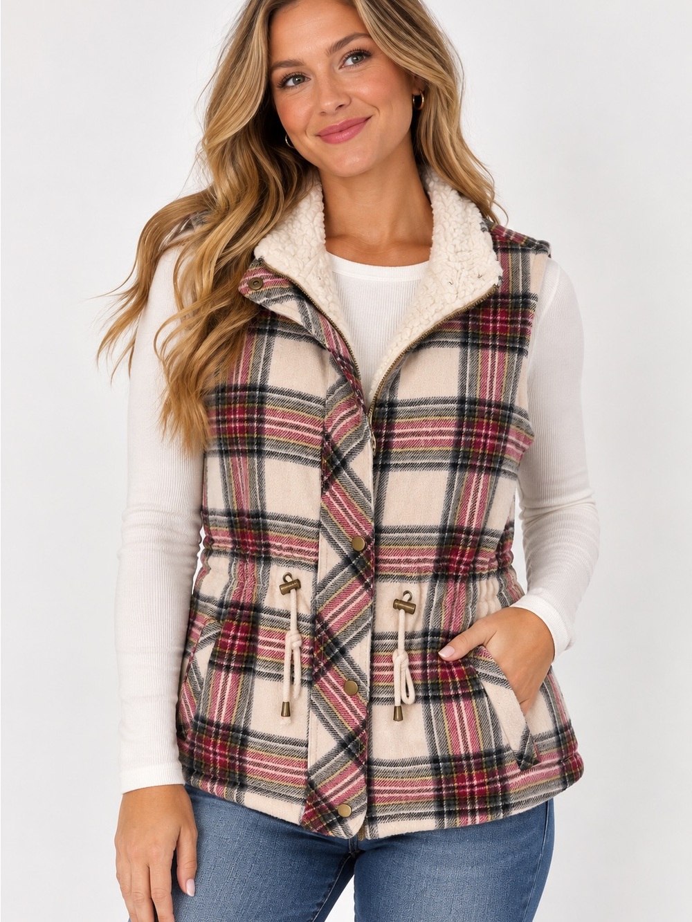 Maurices Women's L Plaid Sherpa Lined Vest Cream Pink Wool Blend Drawstring